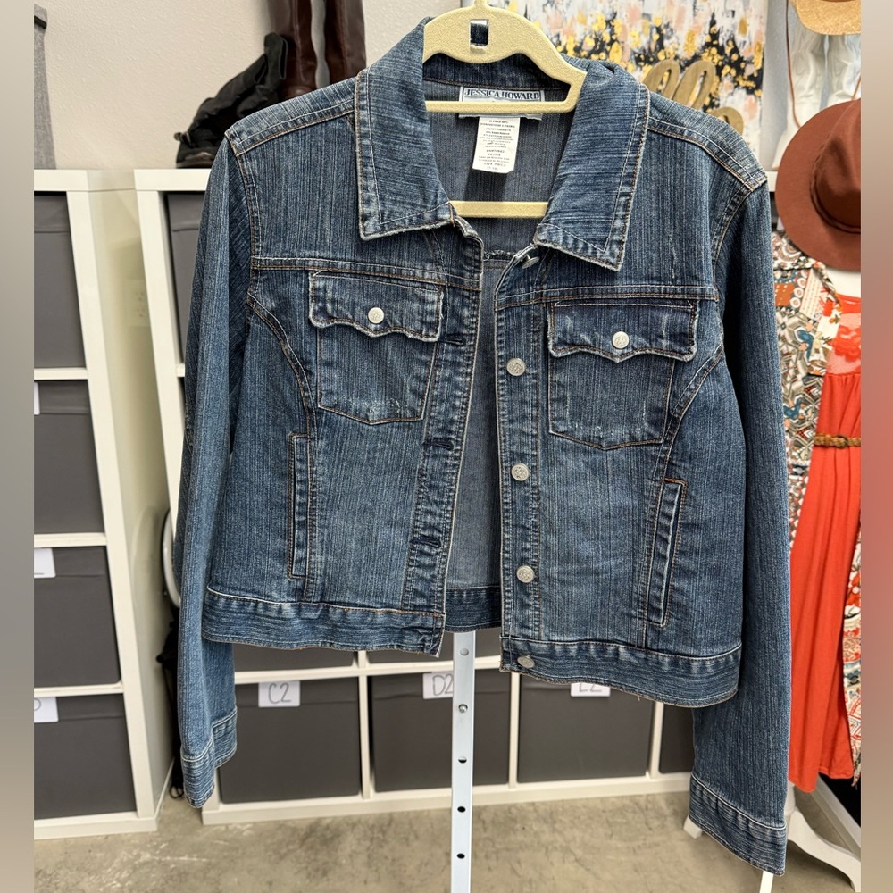 Jessica Howard Petite Distressed Bomber Denim Jean Jacket with Two Pockets
